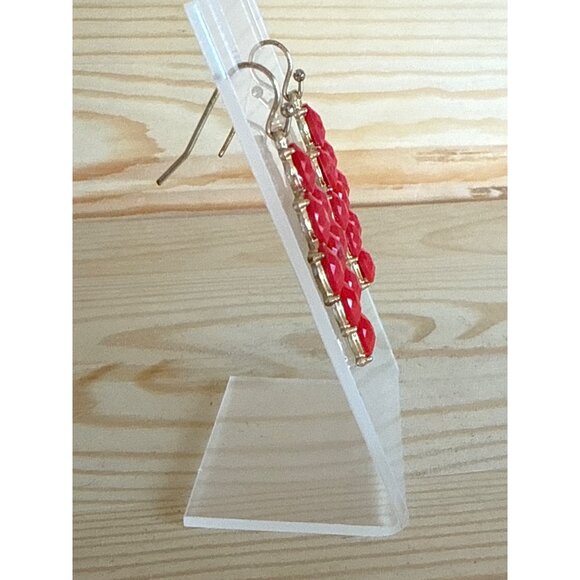 Red Faceted Stone Dangle Earrings With Gold-Tone Metal Setting - Picture 3 of 5